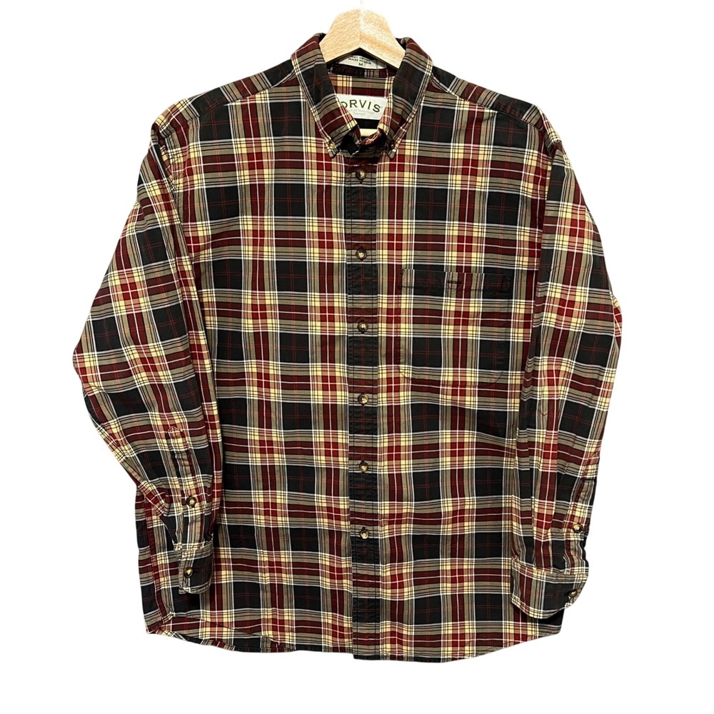 Orvis Mens Red Black Tartan Plaid Button Down Long Sleeve Shirt‎ Size Medium